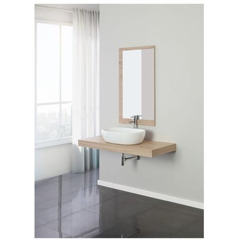 Mobile Bagno 120x50 rovere con mensola lavabo in ceramica e, dettaglio ravvicinato della finitura e del cassetto - Exagonshop