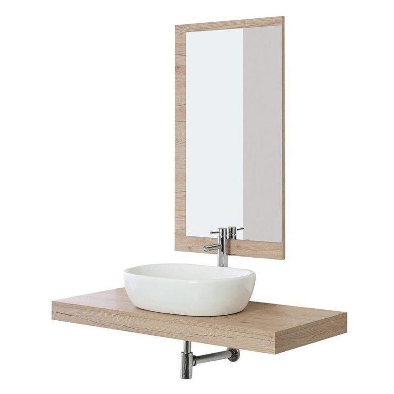 Mobile Bagno 120x50 rovere con mensola lavabo in ceramica e ambientato in bagno moderno con specchio e accessori - Exagonshop