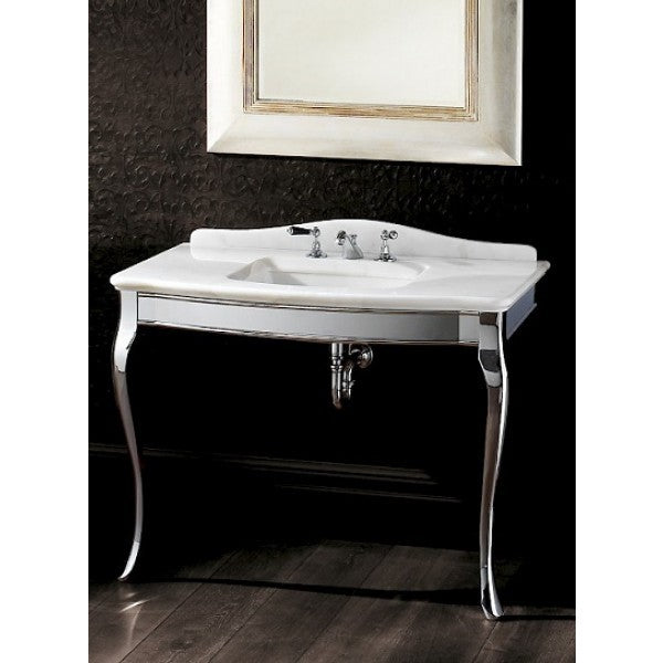 Lavabo 3 Fori a pavimento westminster in ceramica con piano in cromato con lavabo e rubinetteria, vista frontale su...