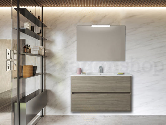 Mobile Bagno 100x45 Rigo Rovere Scuro lavabo in porcellana specchio