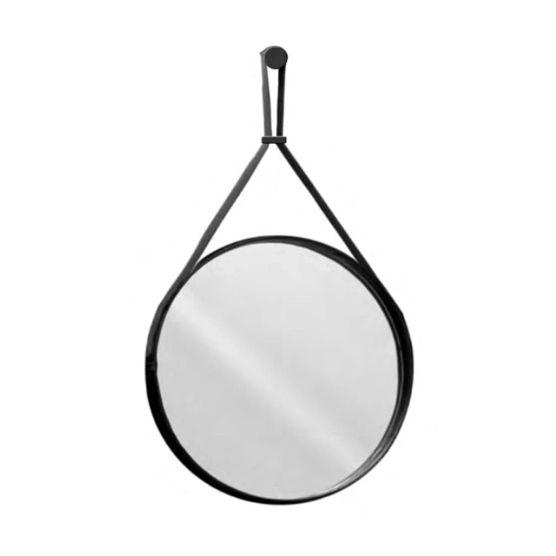 Specchio 60 cm Bagno Tondo con Cornice Ecopelle Nero ambientato in bagno moderno con specchio e accessori - Exagonshop