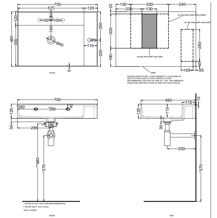 Cielo Enjoy Lavabo 70x48 Sospeso O Da Appoggio Rettangolare, vista frontale su sfondo bianco