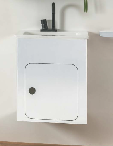 Mobile bagno bianco opaco 60x50 in alluminio con specchio, dettaglio ravvicinato della finitura e del cassetto - Exagonshop
