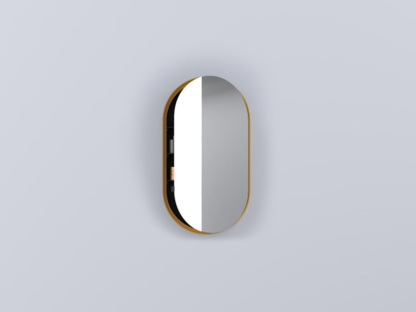 Cielo I Catini Oval Box 50x90 Specchio contenitore Laccata con lavabo e rubinetteria, vista frontale su sfondo neutro
