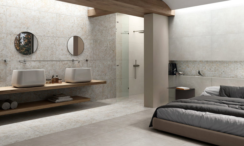 Rivestimento 60x120 decoro rettificato in gres fine posata in ambiente arredato, dettaglio della venatura
