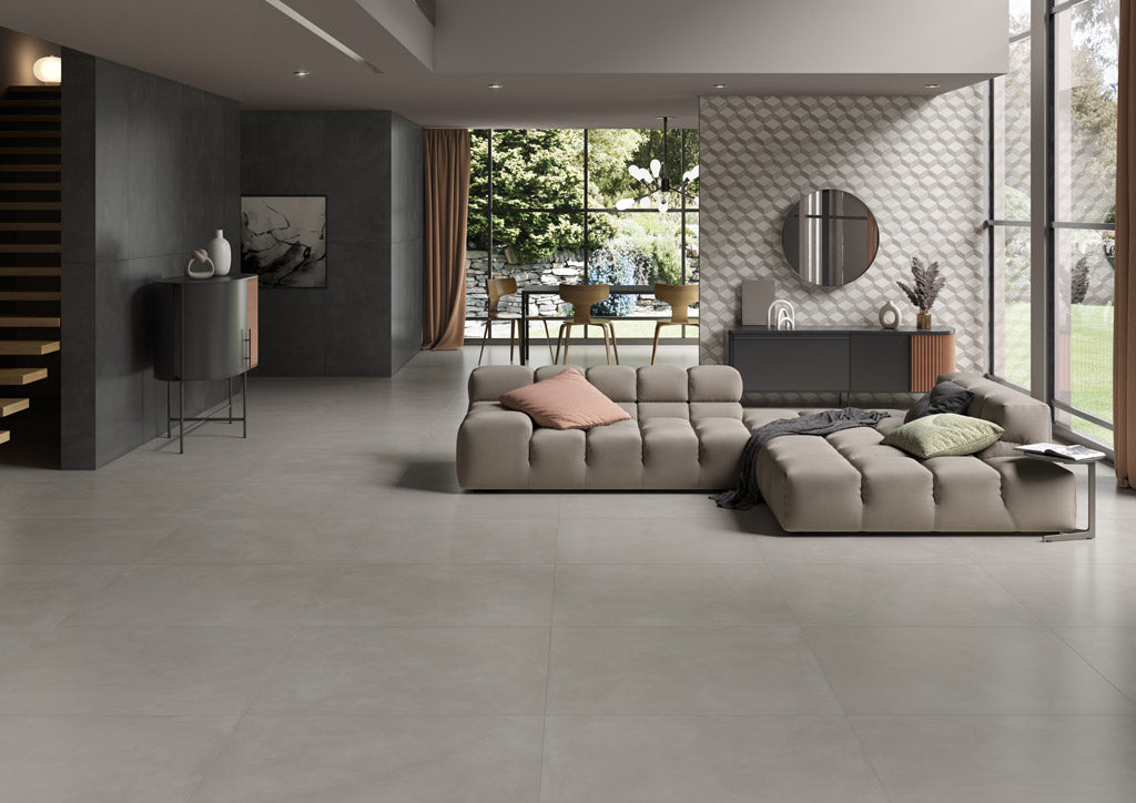 La fenice Touch pavimento rivestimento 90x90 rettificato in posata in ambiente arredato, dettaglio della venatura - La...