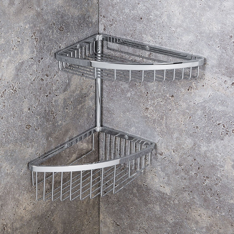 Colombo griglia angolare doppia e sfalsata per vasca doccia in ottone e cromato installato in bagno moderno con ante in...