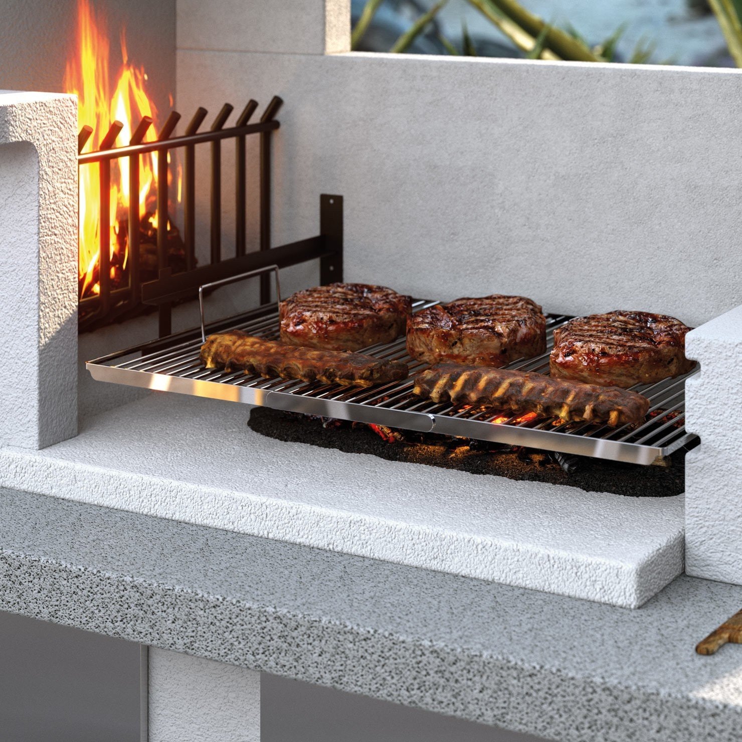Palazzetti Antille 2 barbecue con forno a legna grezzo accesa in soggiorno, fiamma visibile attraverso il vetro