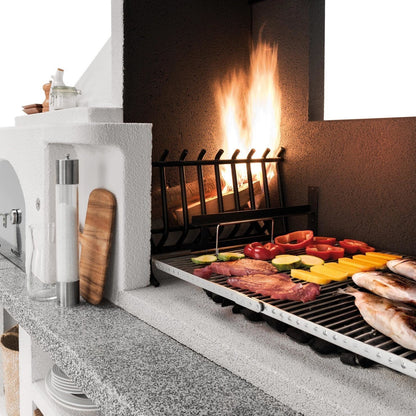 Palazzetti Antille 2 barbecue con forno a legna grezzo con braciere laterale con piano in Marmotech effetto granito grigio