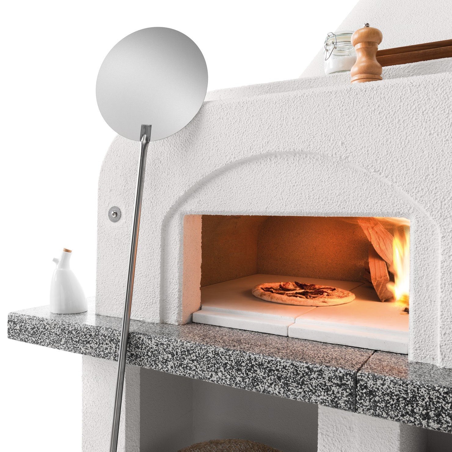 Palazzetti Antille 2 barbecue con forno a legna grezzo, vista laterale che mostra profilo e dimensioni