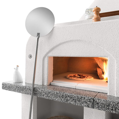 Palazzetti Antille 2 barbecue con forno a legna grezzo con braciere laterale con piano in Marmotech effetto granito grigio