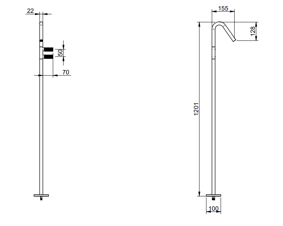 Treemme 22mm miscelatore lavabo da terra parti esterne Acciaio, vista laterale del profilo e della forma - Rubinetterie...
