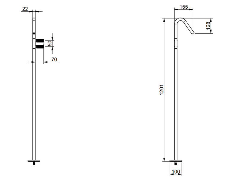 Treemme 22mm miscelatore lavabo da terra parti esterne Acciaio, vista laterale del profilo e della forma - Rubinetterie...