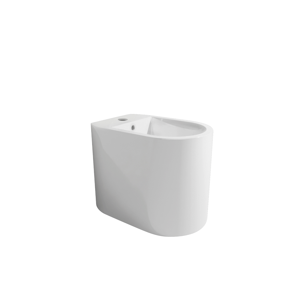 Ceramica Flaminia ASTRA Bidet filo muro a pavimento 00 Bianco ambientato su piano bagno con accessori