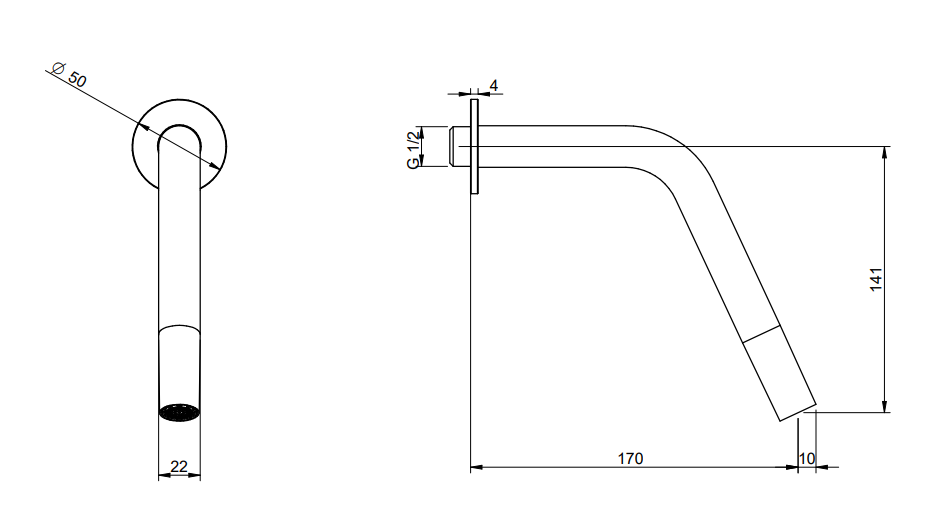 Treemme 22mm bocca lavabo a muro 17 cm senza parte incasso Acciaio, vista laterale del profilo e della forma...