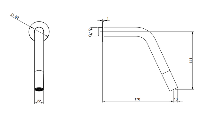Treemme 22mm bocca lavabo a muro 17 cm senza parte incasso Acciaio, vista laterale del profilo e della forma...