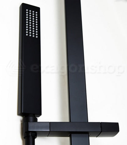 Asta doccia con saliscendi doccetta quadra in ottone e flessibile in pvc nero opaco