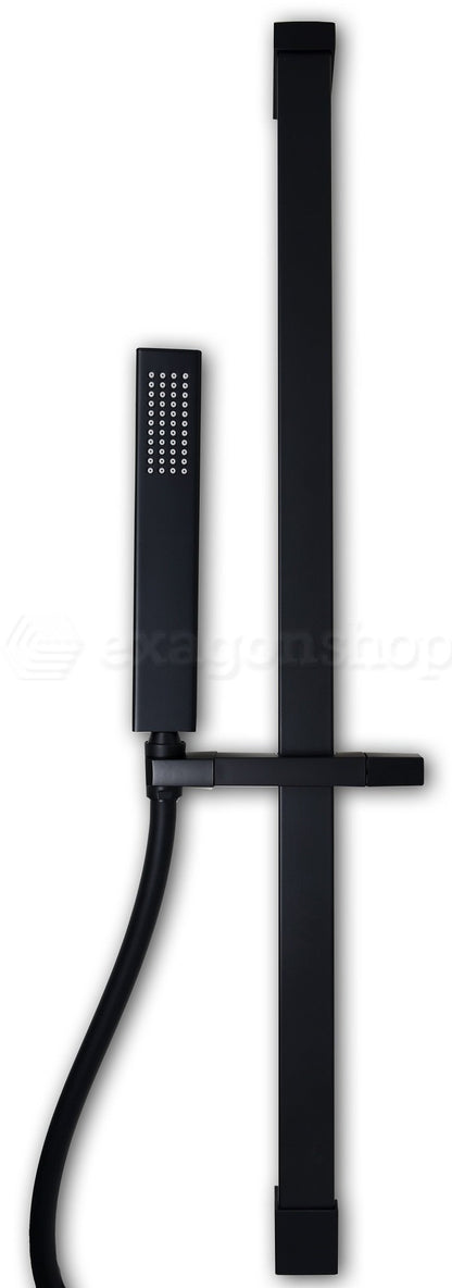 Asta doccia con saliscendi doccetta quadra in ottone e flessibile in pvc nero opaco