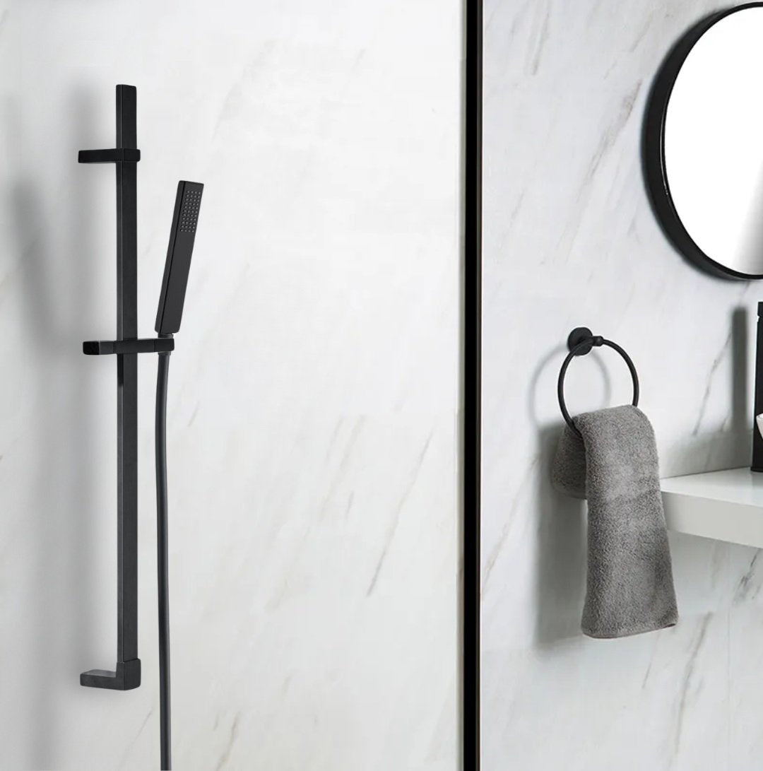 Asta doccia con saliscendi doccetta quadra in ottone e flessibile in pvc nero opaco