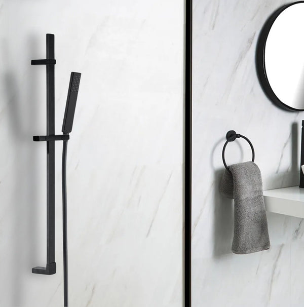 Asta doccia con saliscendi doccetta quadra in ottone e flessibile in pvc nero opaco