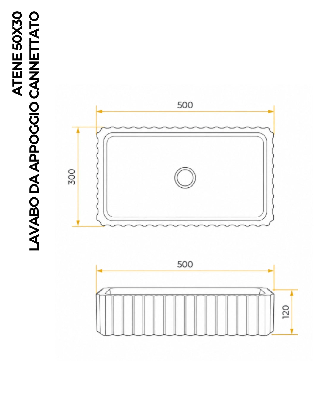 Lavabo 50x30 cannettato rettangolare da appoggio in cemento pietra Atene
