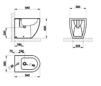 Bidet filo muro a Pavimento in ceramica Bianco lucido Gessi, vista laterale del profilo e della forma - Emporio Gessi