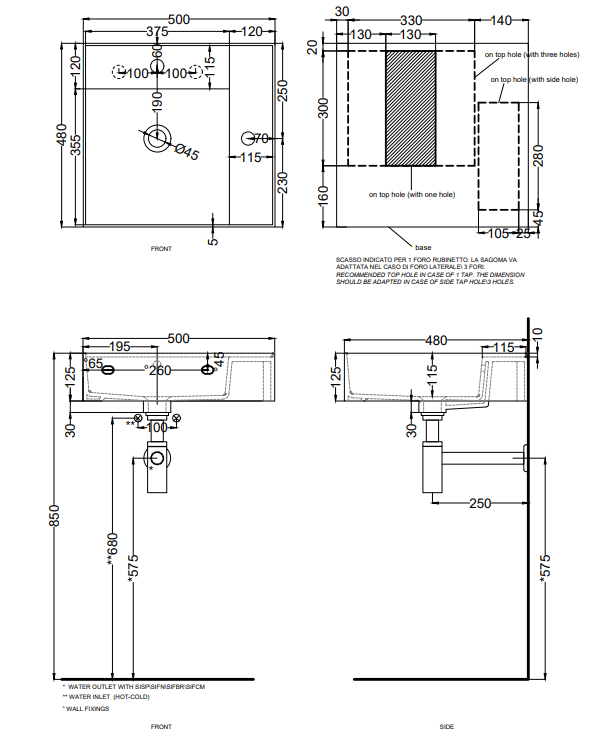 Cielo Enjoy Lavabo 50x48 Sospeso O Da Appoggio Rettangolare, vista frontale su sfondo bianco