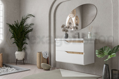 Mobile bagno 80x46 Gaia quercia naturale bianco lucido con lavabo