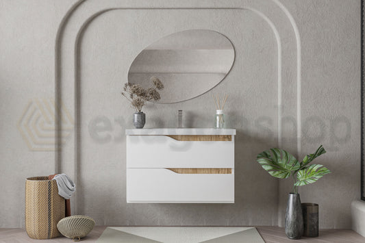 Mobile bagno quercia naturale bianco lucido 80x46 Gaia due cassetti con lavabo ad incasso e maniglie sagomate