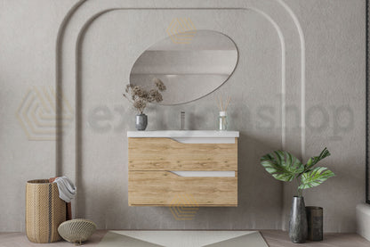 Mobile bagno quercia naturale bianco lucido 100x46 Gaia a due cassetti con lavabo ad incasso e maniglie sagomate