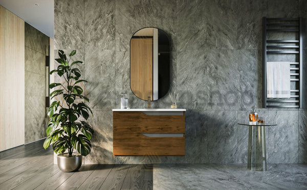 Mobile bagno noce tortora opaco 80x46 Gaia due cassetti con lavabo ad incasso e maniglie sagomate