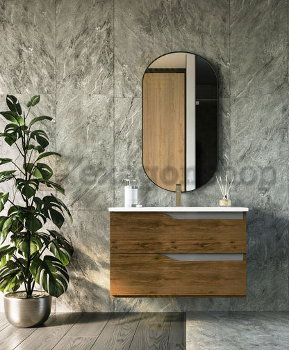 Mobile bagno noce tortora opaco 80x46 Gaia due cassetti con lavabo ad incasso e maniglie sagomate