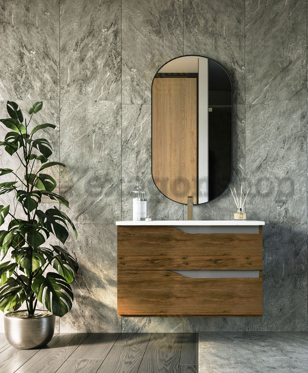 Mobile bagno noce tortora opaco 80x46 Gaia due cassetti con lavabo ad incasso e maniglie sagomate