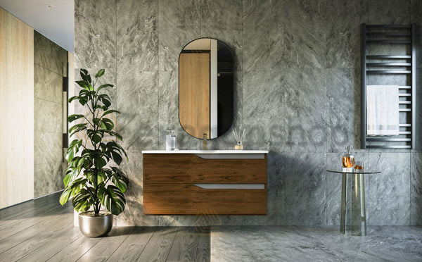 Mobile bagno noce tortora opaco 100x46 Gaia due cassetti con lavabo ad incasso e maniglie sagomate
