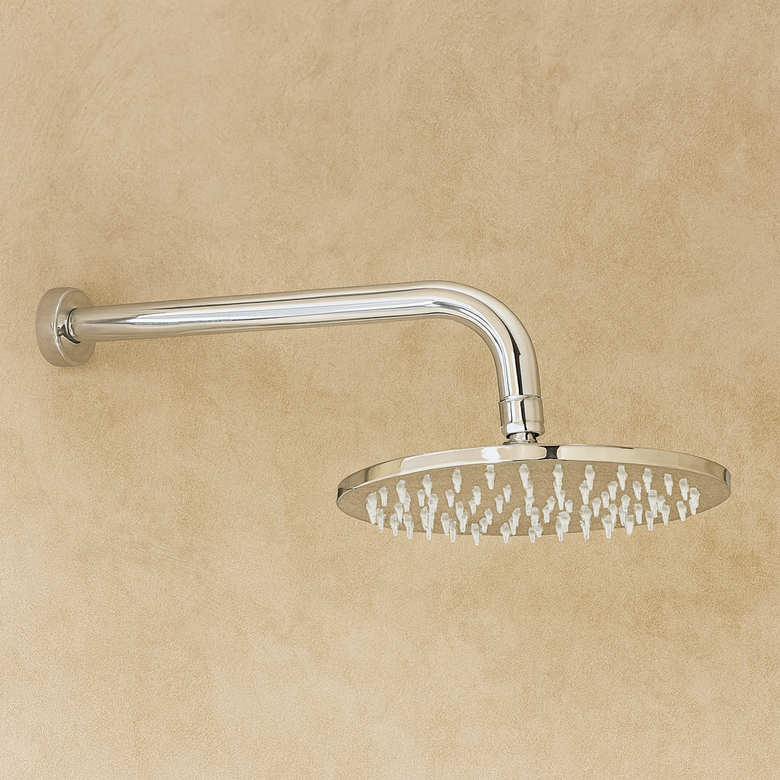 Soffione doccia 20 cm tondo 6,5 mm con braccio cromo Smart in lucido, vista frontale della maniglia e della bocca di...