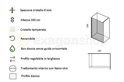 Walk in parete doccia fissa 100 H.200 cm spessore 8mm cristallo trasparente profili bianco opaco