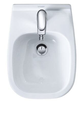 Bidet sospeso 35x48 Compact Monoforo Bianco D-Code Duravit, vista frontale su sfondo bianco