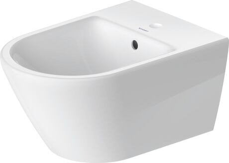 Bidet Sospeso Monoforo Con Troppo Pieno In Ceramica Bianco ambientato su piano bagno con accessori
