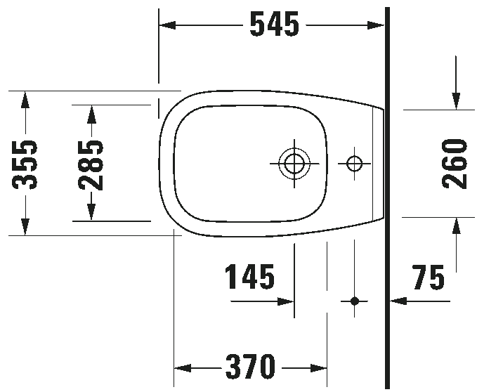 Bidet Sospeso Monoforo Con Troppopieno 355x545 senza, vista laterale del profilo e della forma
