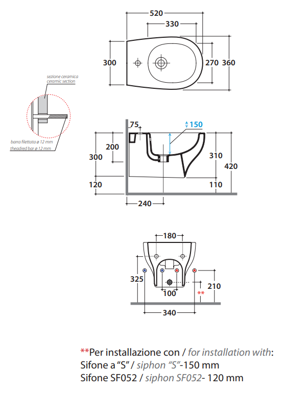 Bidet Sospeso Monoforo in ceramica Bianco Lucido GRS09, vista laterale del profilo e della forma - Ceramica Globo