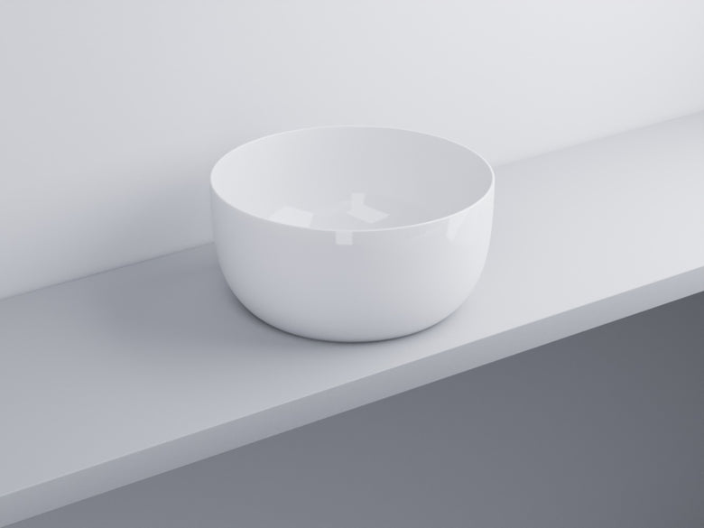 Cielo Era Bacinella 45 Cm Da Appoggio Senza Troppo Pieno in ceramica e lucido ambientato su piano bagno con accessori
