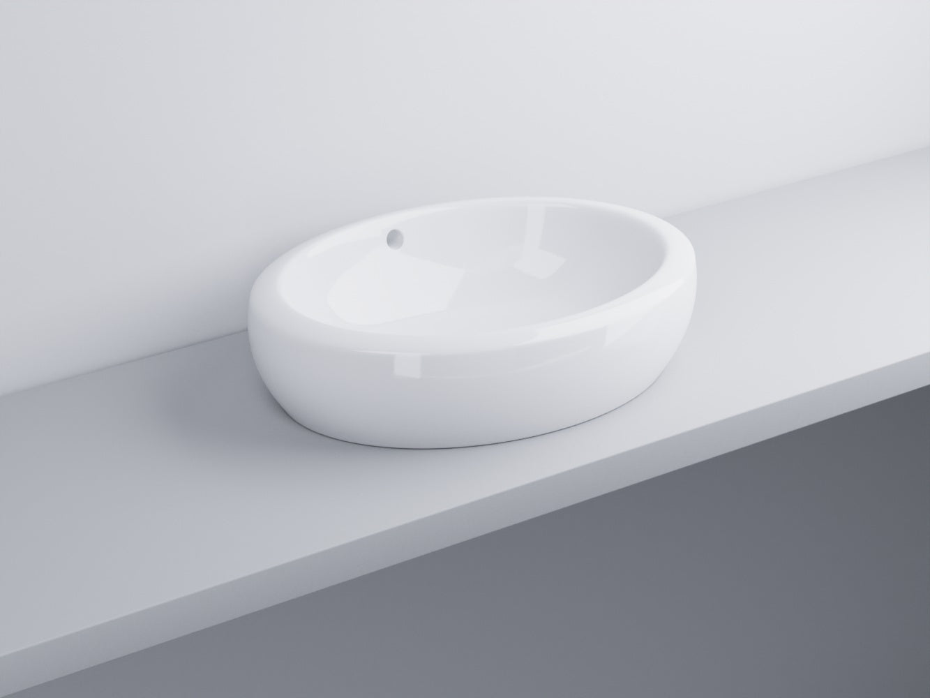 Cielo Fluid Lavabo 60x45 Da Appoggio Senza Foro Con Troppo in ceramica e lucido ambientato su piano bagno con accessori