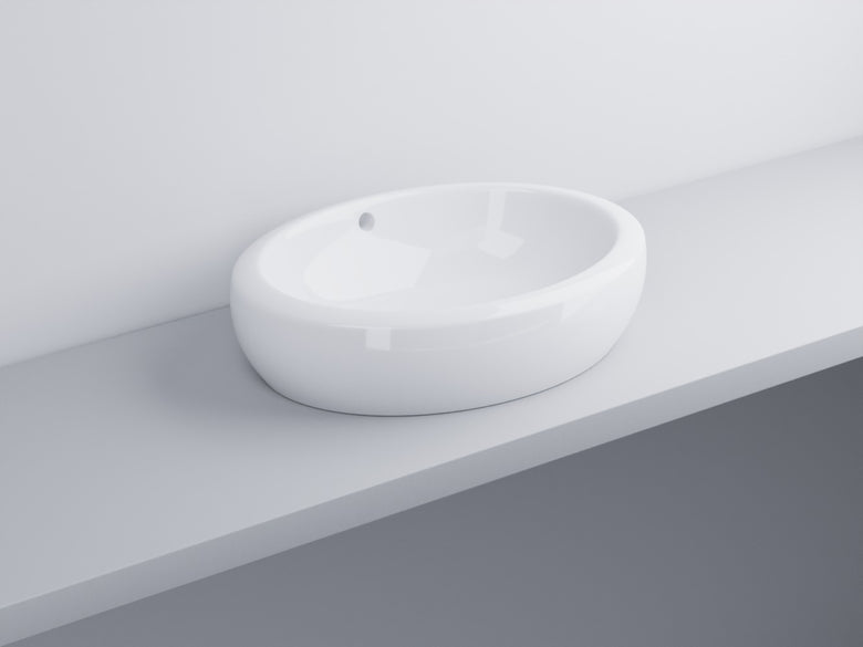 Cielo Fluid Lavabo 60x45 Da Appoggio Senza Foro Con Troppo in ceramica e lucido ambientato su piano bagno con accessori