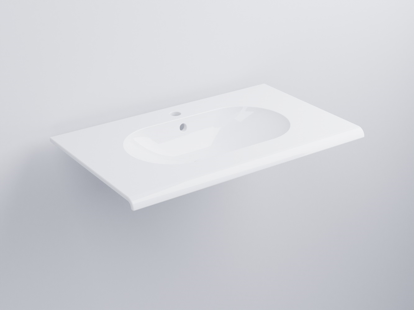 Cielo Fluid Lavabo 80x48 Sospeso Monoforo Con Troppopieno in ceramica e lucido ambientato su piano bagno con accessori