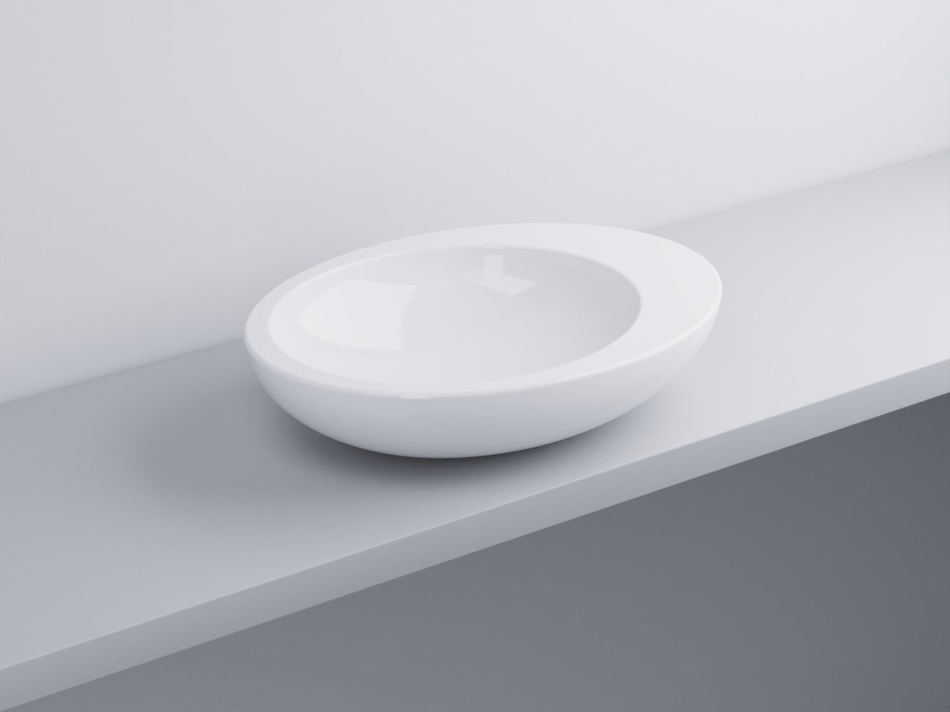 Cielo Le Giare lavabo da appoggio 60x45 senza troppopieno in ceramica e lucido ambientato su piano bagno con accessori