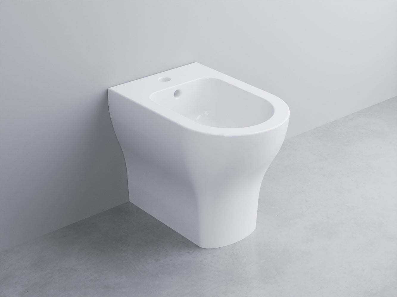 Cielo Enjoy Bidet Filo Muro 53x35 A Pavimento In Ceramica in lucido ambientato su piano bagno con accessori