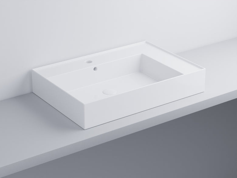 Cielo Enjoy Lavabo 70x48 Sospeso O Da Appoggio Rettangolare Bianca Lucida in ceramica e lucido ambientato su piano bagno...