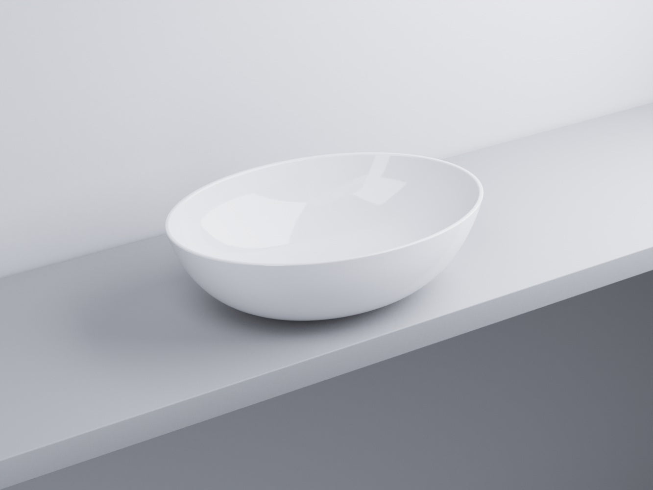 Cielo Eco Small Bacinella 58x42 Ovale Da Appoggio Senza 00 Bianco in ceramica e lucido ambientato su piano bagno con...