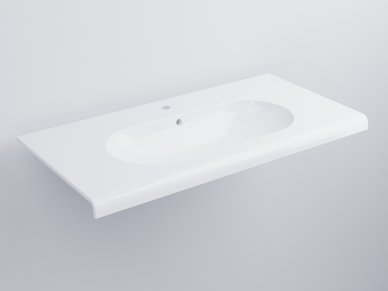 Cielo Fluid Lavabo 100x48 Sospeso Monoforo Con Troppopieno in ceramica e lucido ambientato su piano bagno con accessori