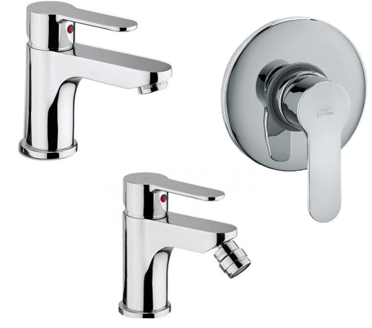 Paffoni blu set miscelatori lavabo bidet con scarico Cromo Lucido visto dall'alto con superficie e piletta di scarico